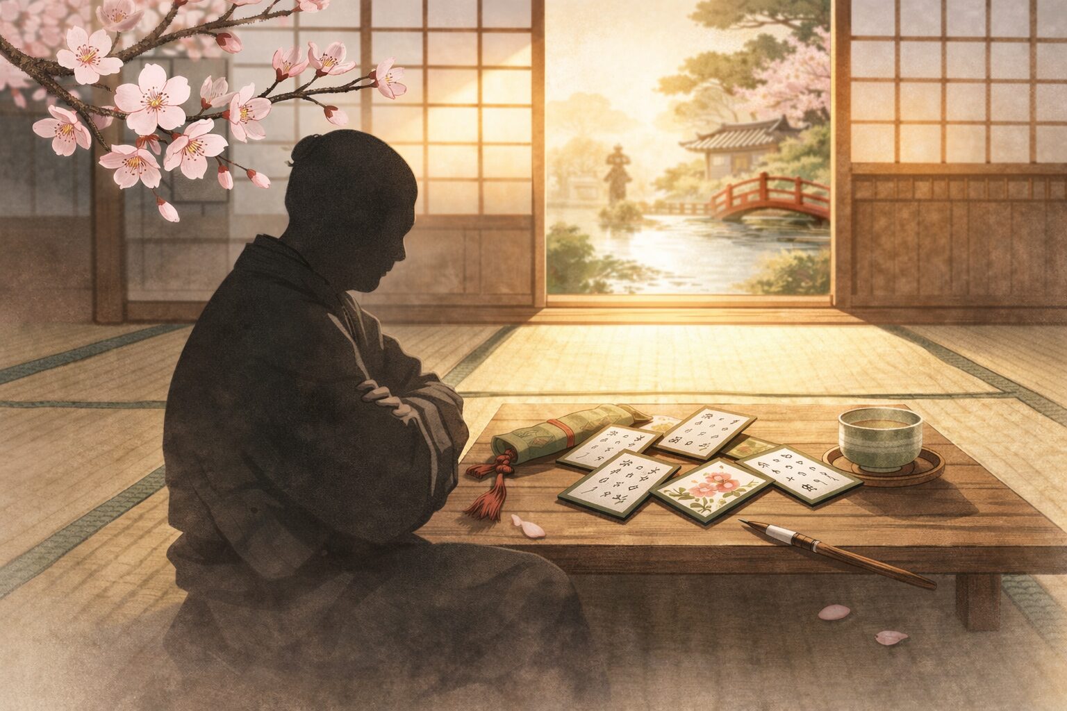 長屋の縁側で百人一首の紙を前に隠居が腕組みして考え込む一場面