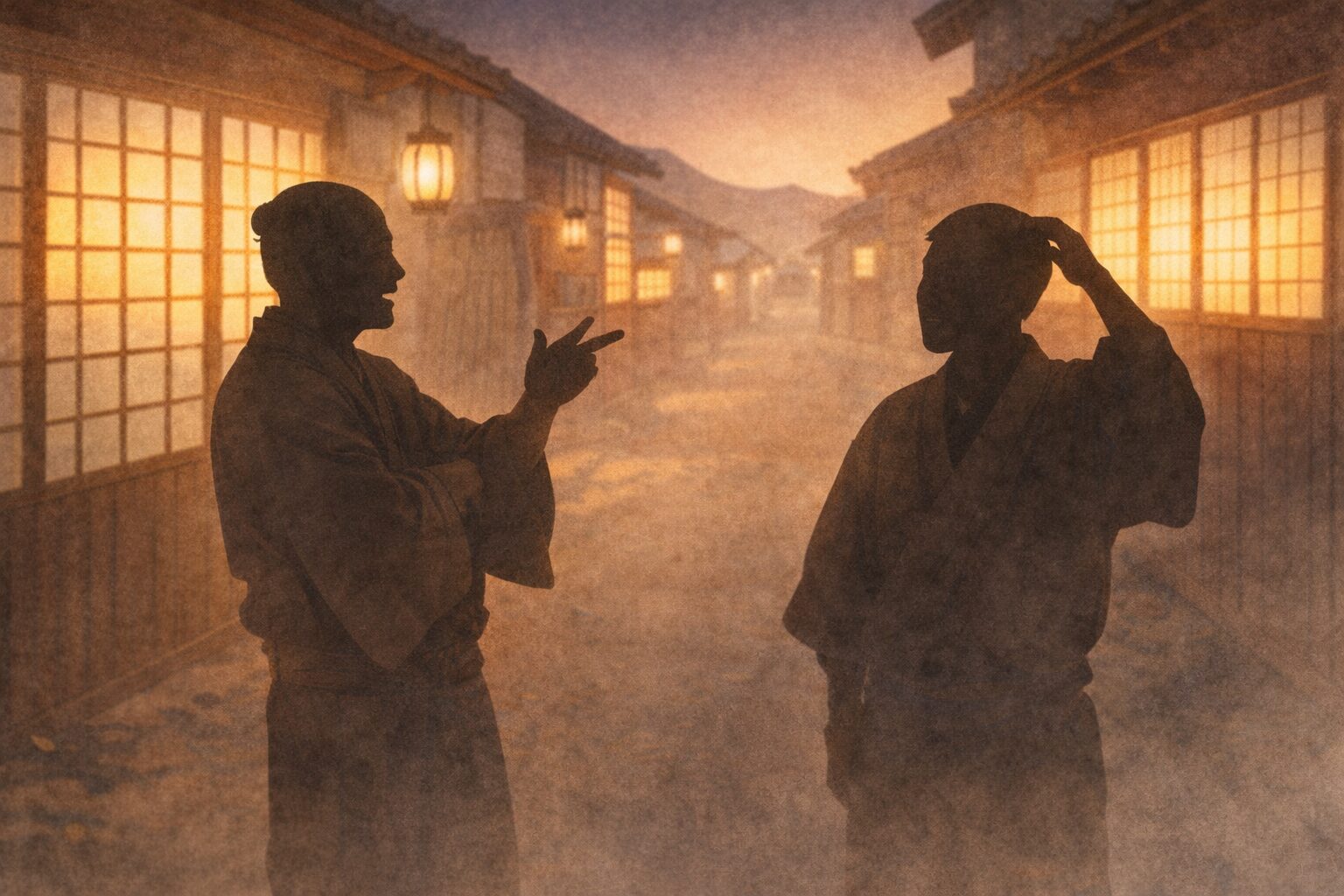 夕方の路地で得意げに語る隠居の影と困惑する男の影の一場面