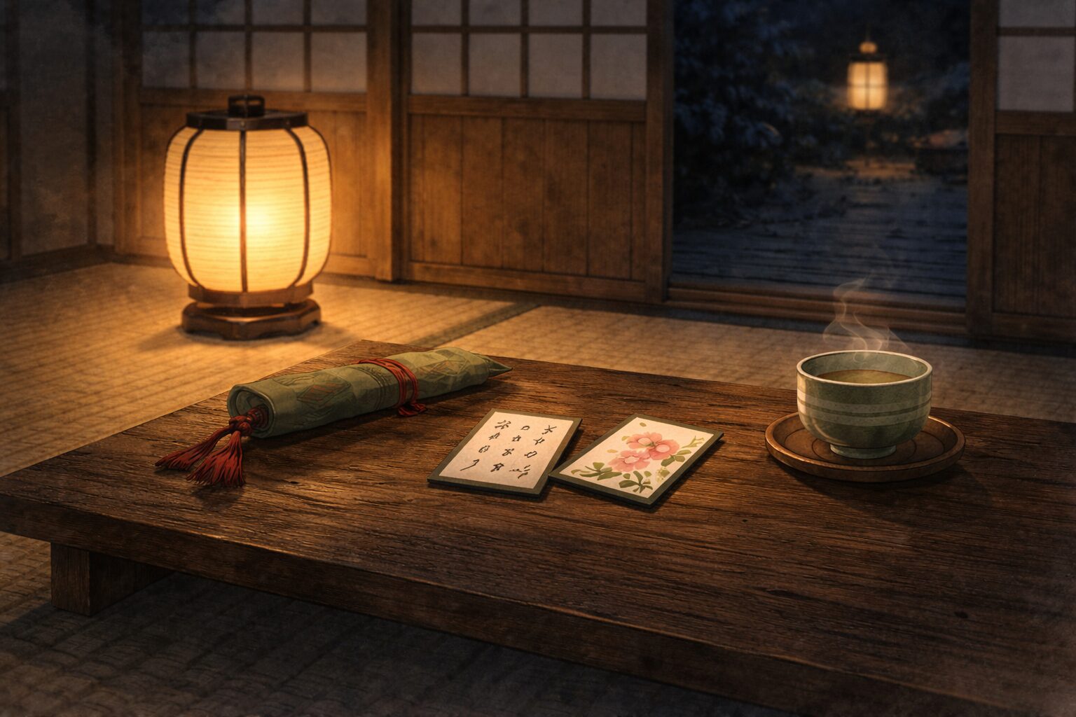 夜の長屋で行灯の下に百人一首の札が置かれた静かな一場面