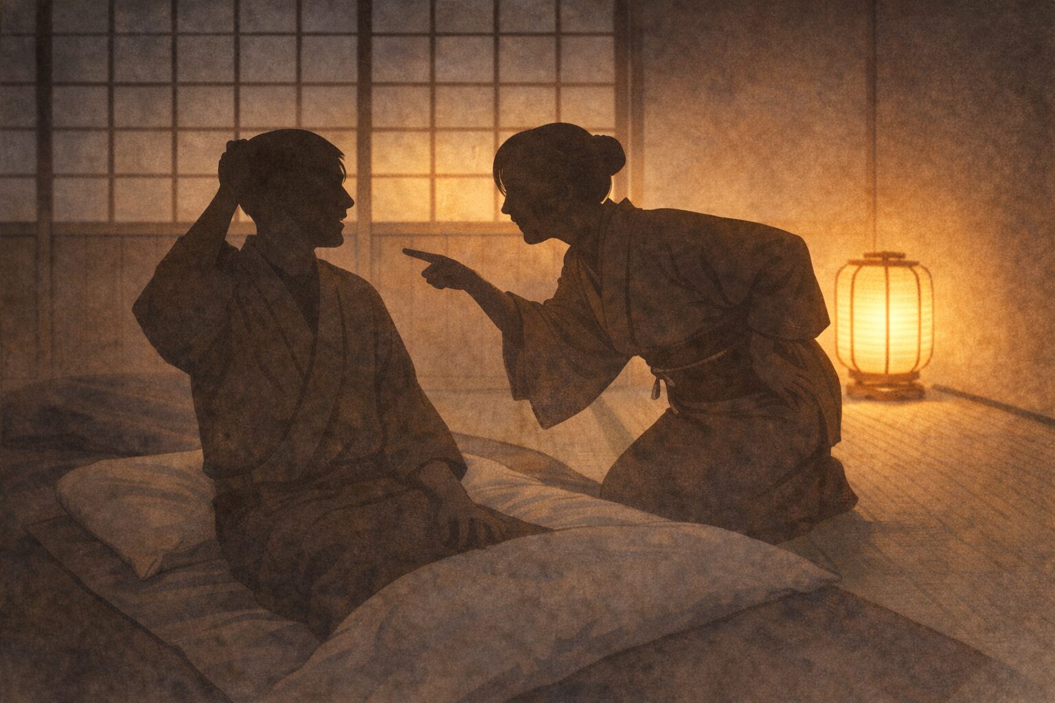 昼寝から起きた男が女房に夢の内容を問い詰められる一場面