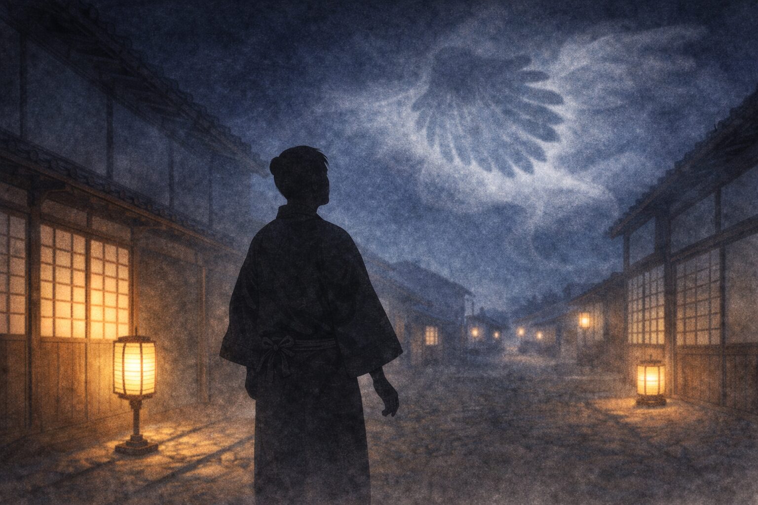 夜の路地で天狗の気配を感じて立ちすくむ男の影の一場面