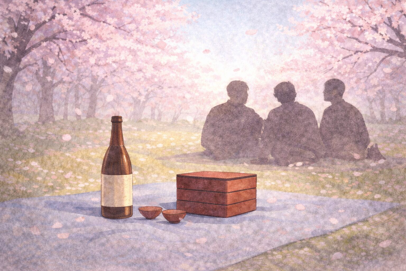 桜の下で重箱と一升瓶を広げる貧乏長屋の花見の一場面