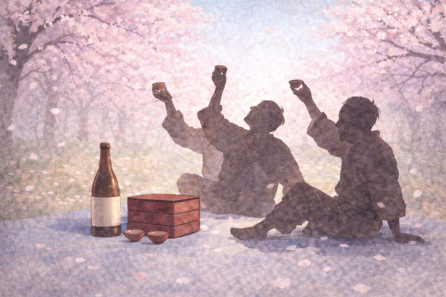 桜の下で盃を掲げて酔ったふりをする男たちの影の一場面