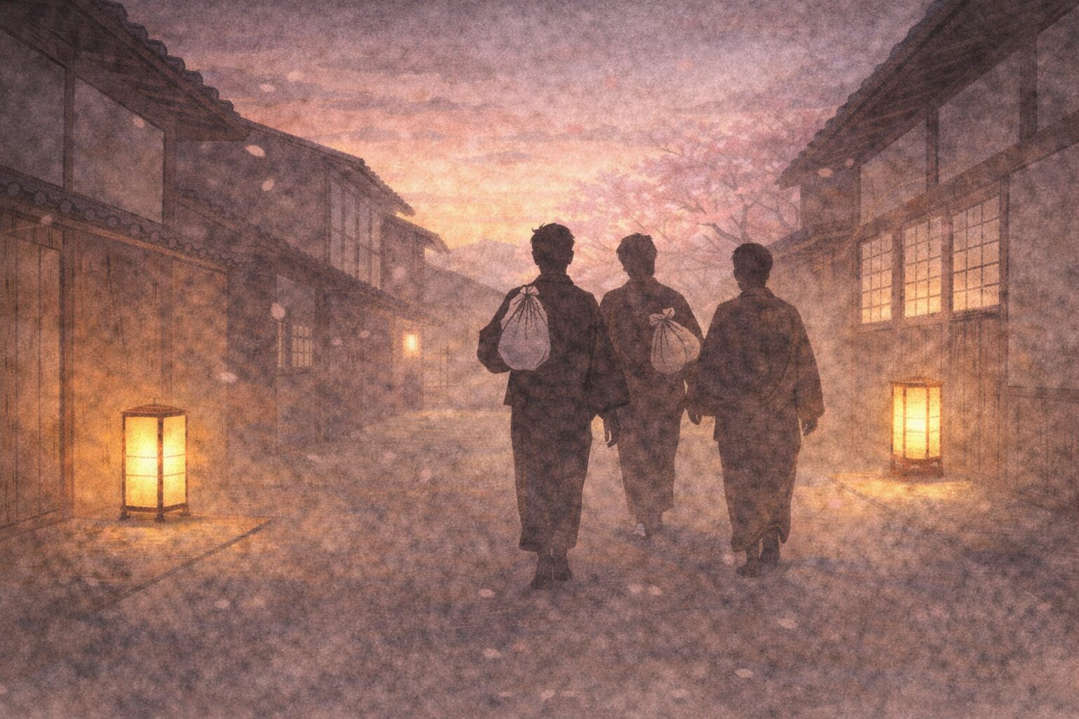 花見帰りの夕暮れの路地を歩く長屋の人々の影の一場面