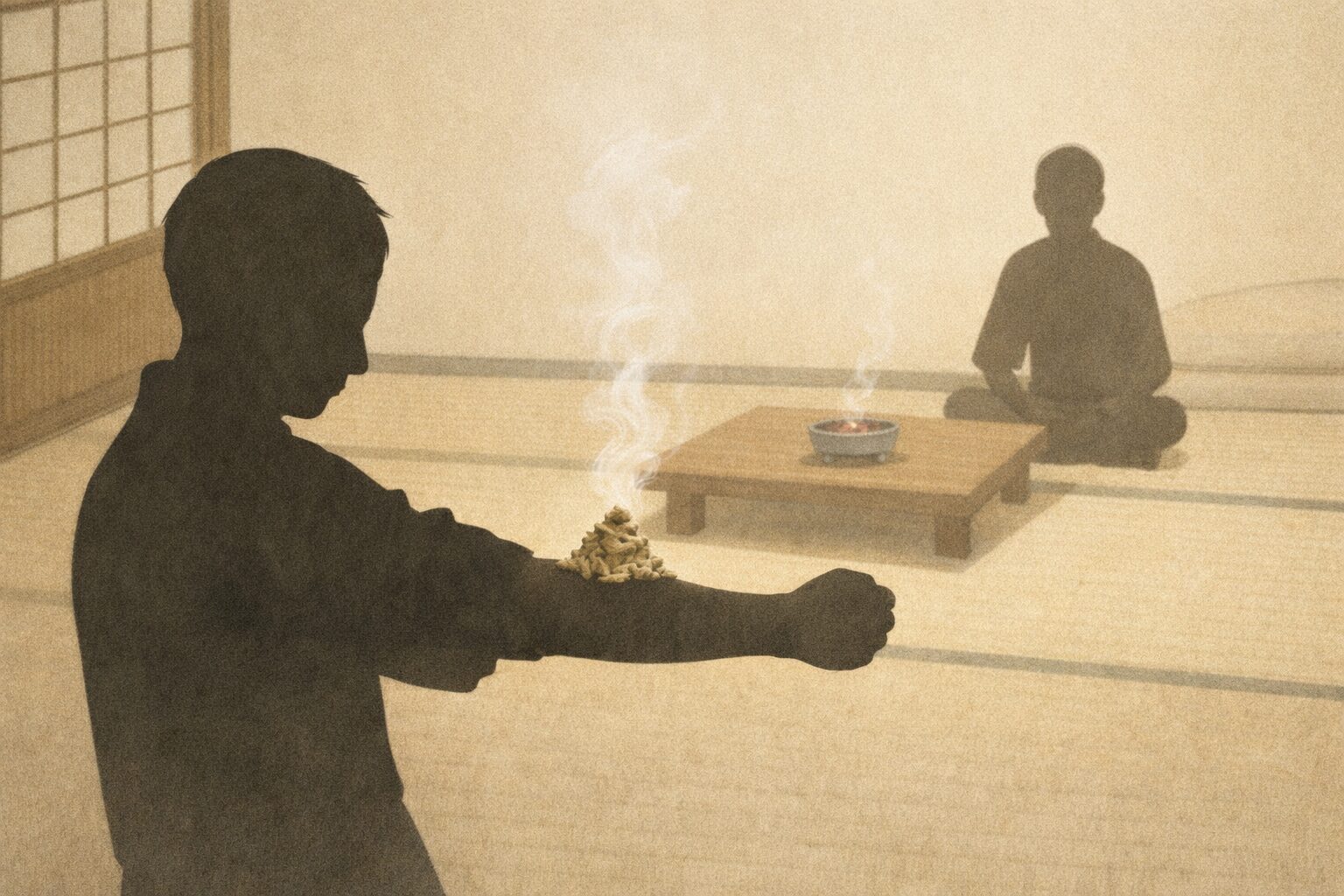 長屋の部屋で腕に山盛りのもぐさを載せて煙を上げる男の影の一場面