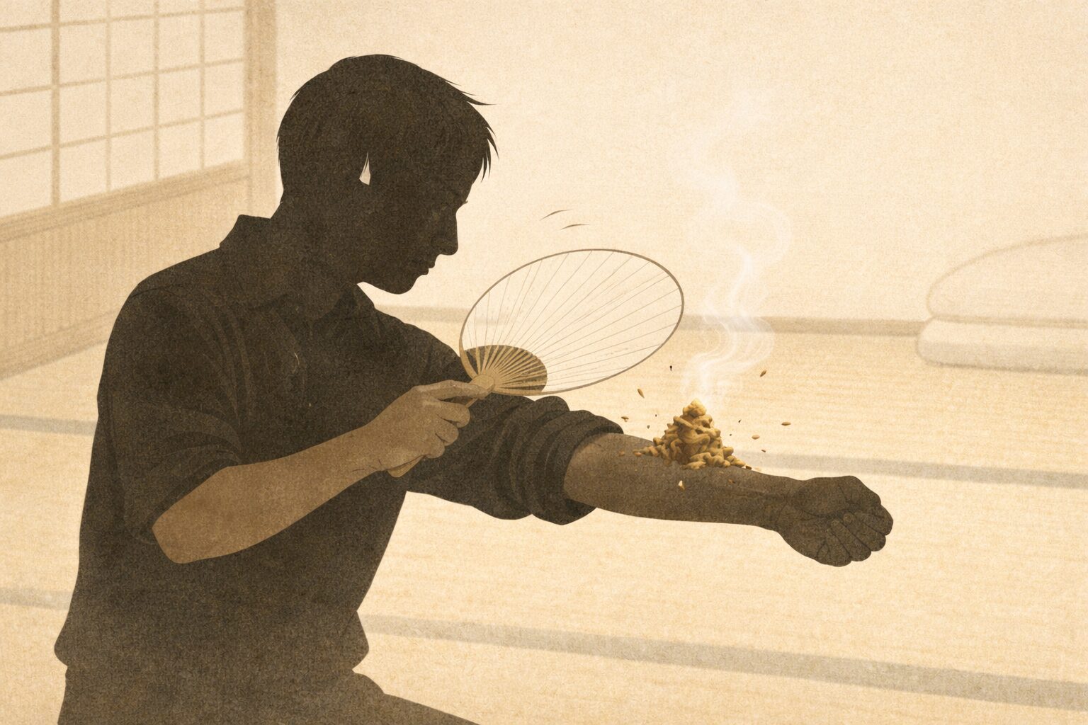 火の粉が舞う腕を扇ぎながら必死に平気を装う男の影の一場面