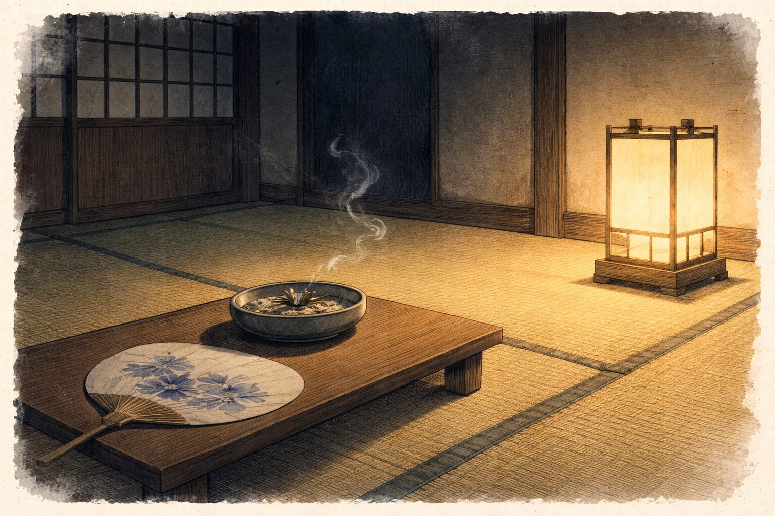 夜の長屋で煙がすっと消えた後の静かな畳の一場面