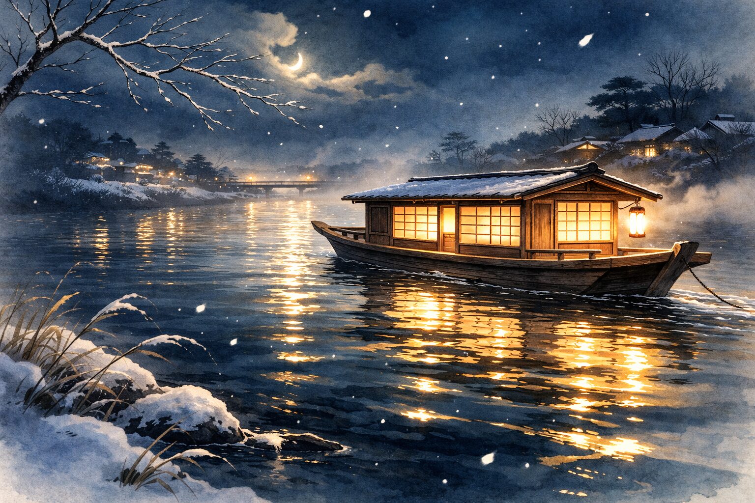 雪の夜の川を屋形船が進み、行灯の光が水面に揺れる一場面