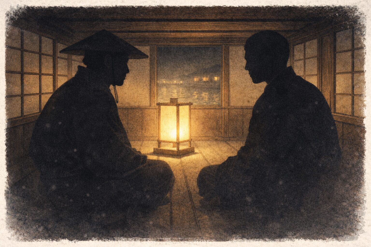 薄暗い舟の中で船頭と男の影が向き合い、緊張が走る一場面