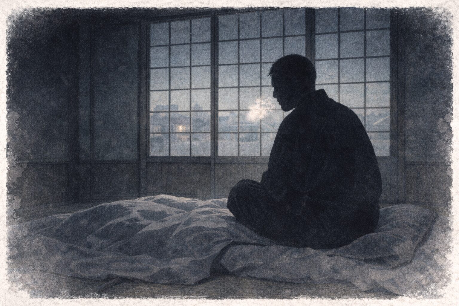 夜明け前の部屋で目を覚ました男が息をつく静かな一場面