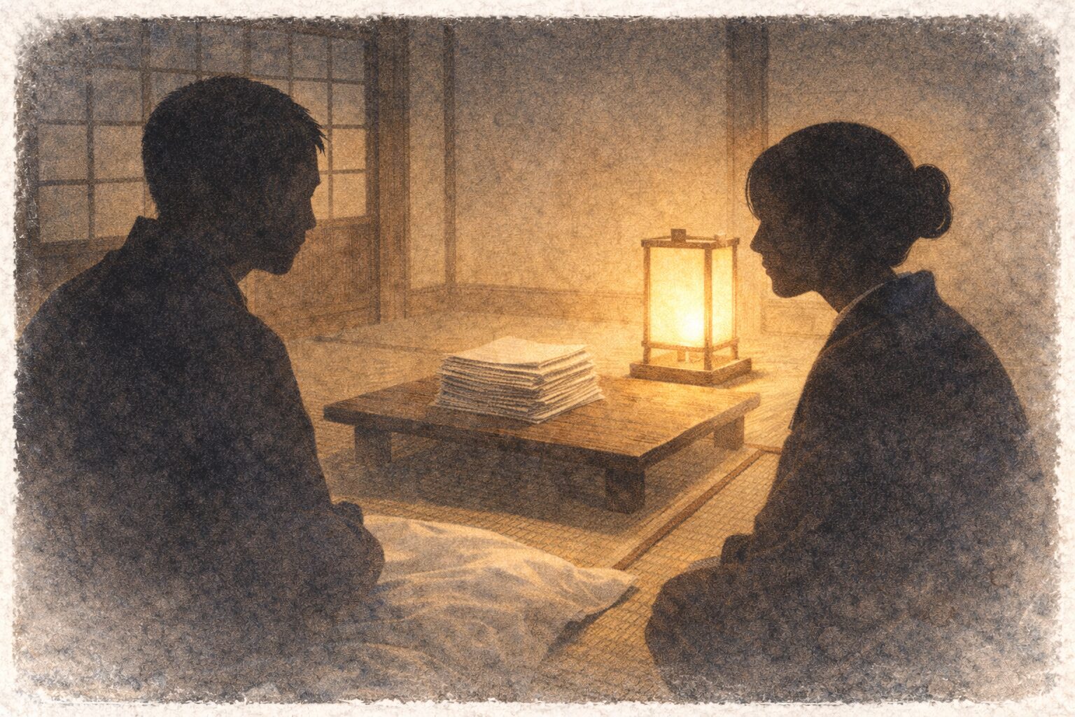 大晦日の長屋で請求書の山を前に夫婦が顔を見合わせる一場面