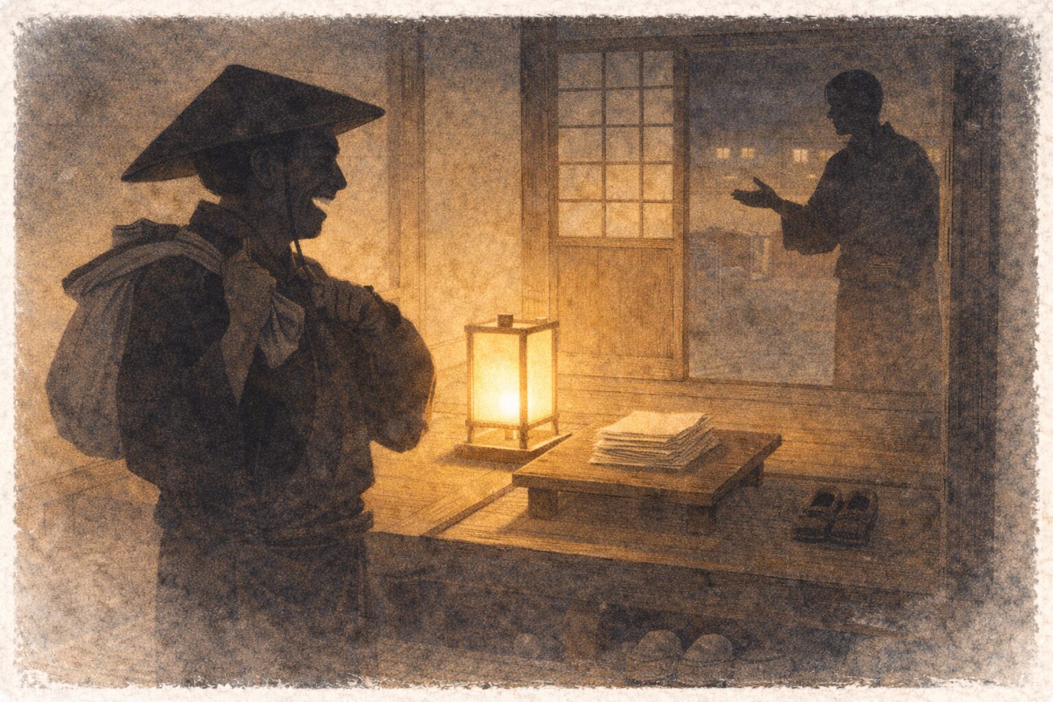 掛け取りが趣味の話に乗せられて思わず笑い、帰り支度をする一場面