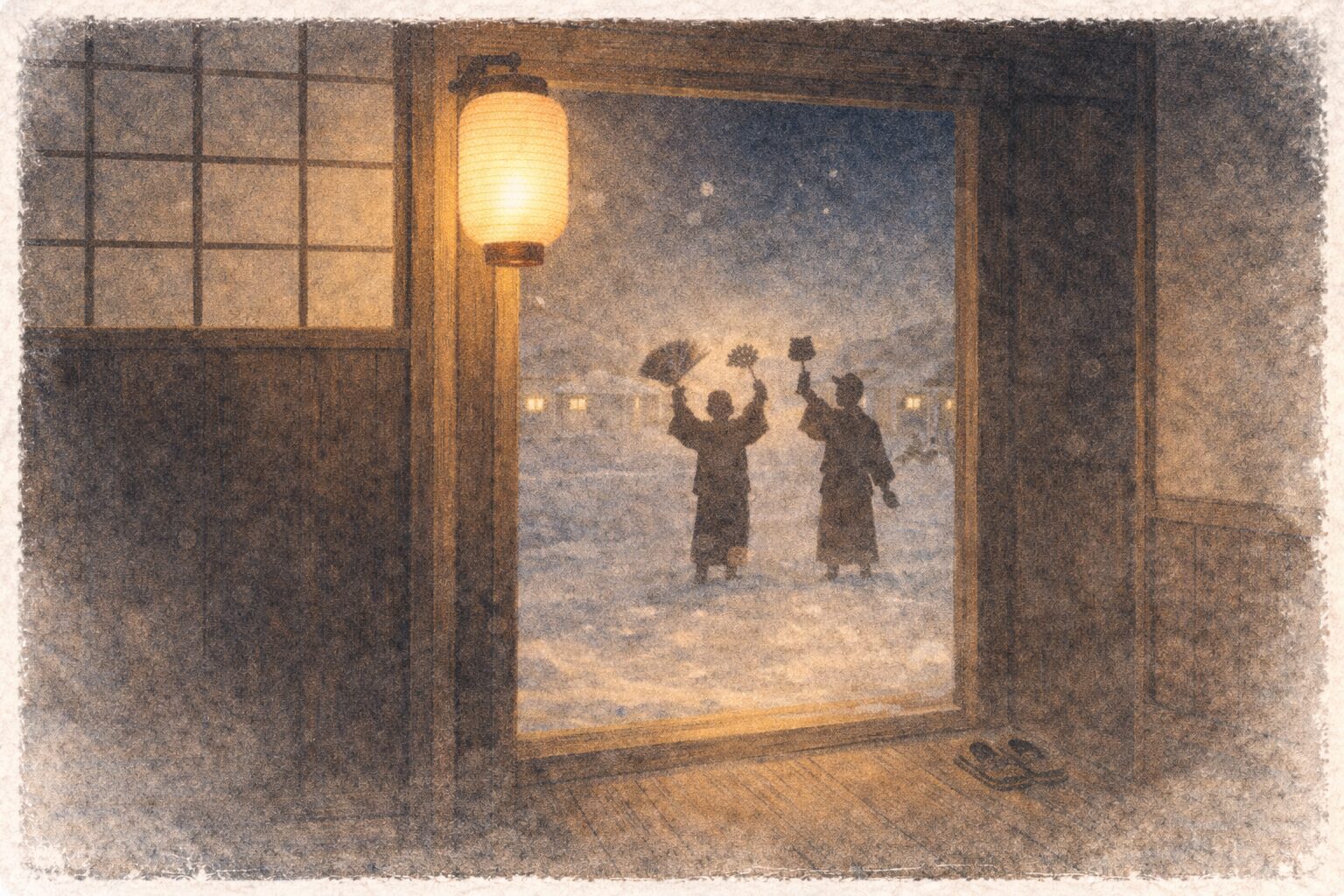 年の瀬の長屋の戸口で万歳の気配が立ち上がる一場面