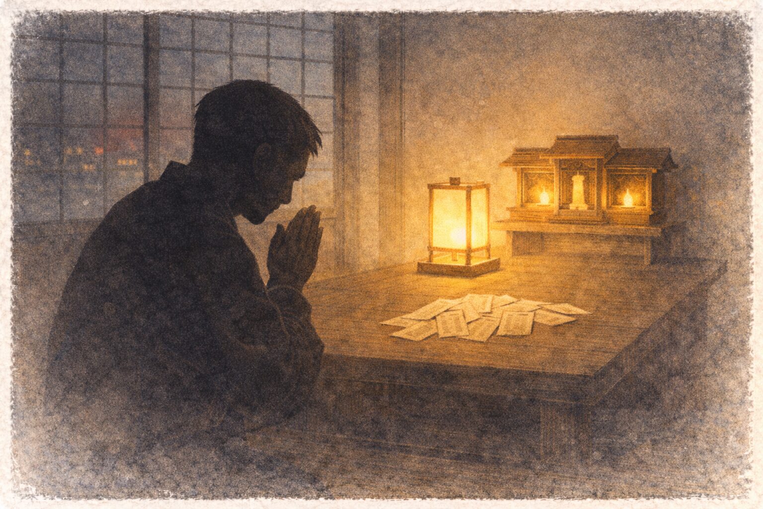 年の瀬の長屋で富くじの札を神棚に供えて手を合わせる男の影の一場面