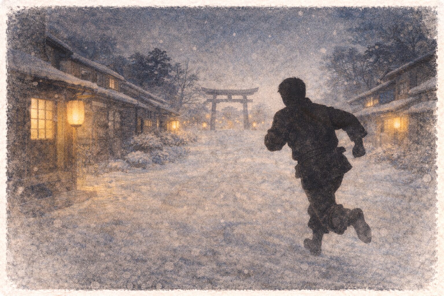 正月前の長屋で半纏を手に札場へ走り出す男の影の一場面