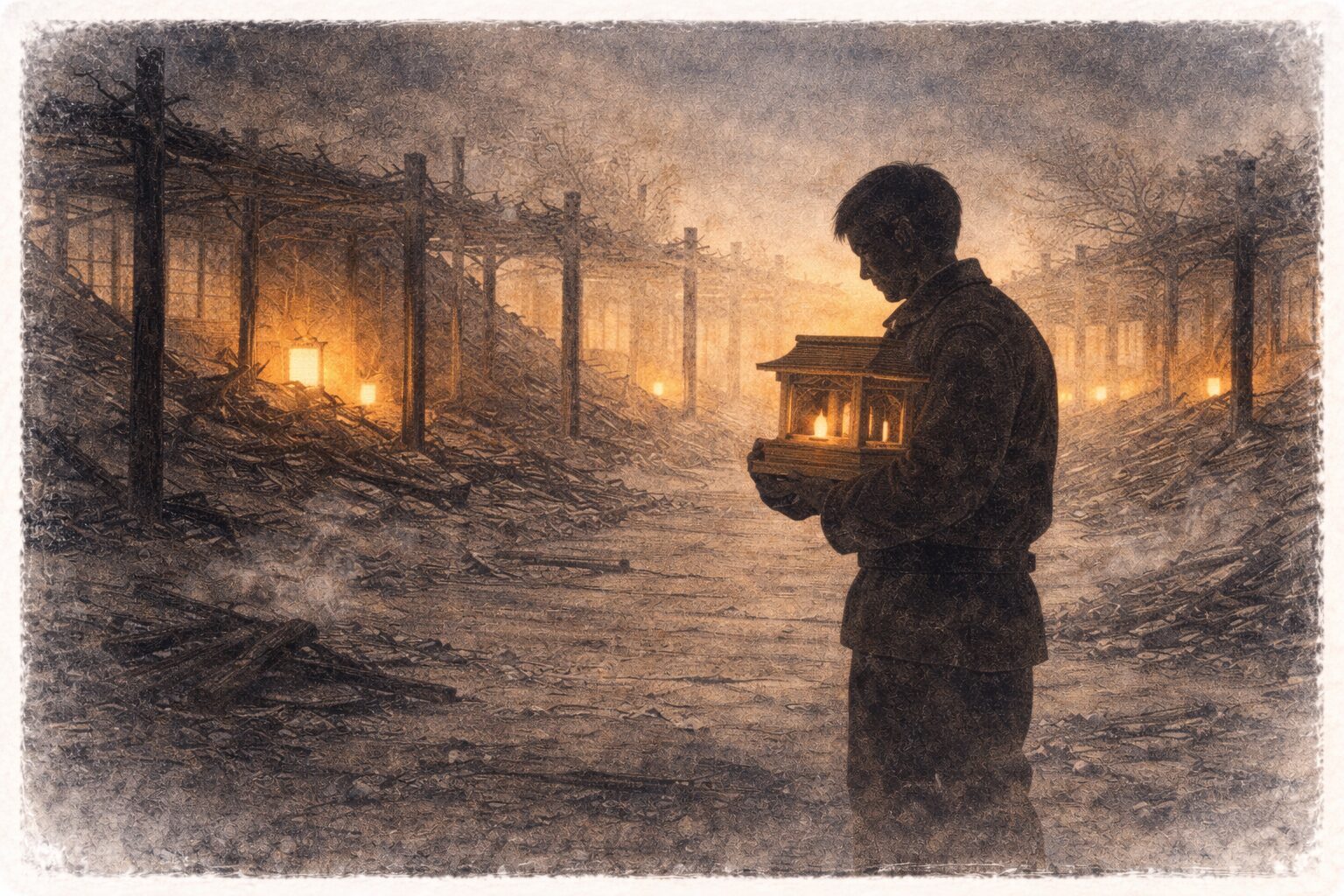 焼け跡の長屋の前で神棚を抱えて立ち尽くす男の影の一場面
