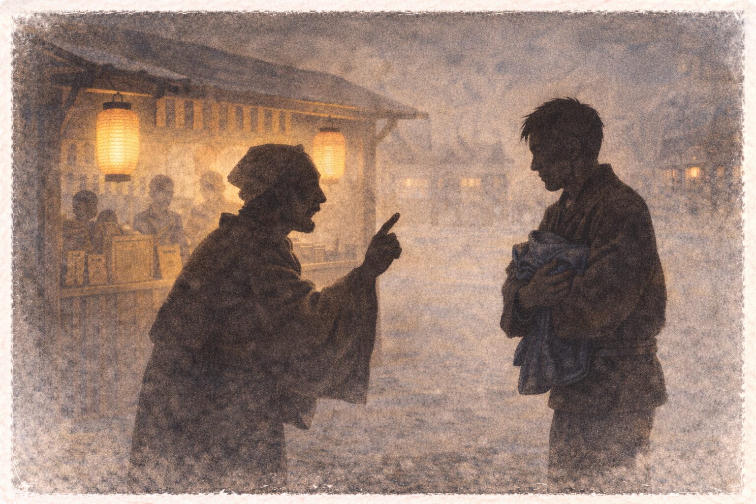 札場の前で辻占に呼び止められ番号を言われて固まる男の影の一場面