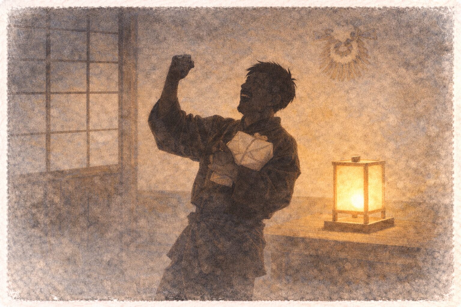 正月の長屋で富くじの札包みを抱えて浮かれる男の影の一場面