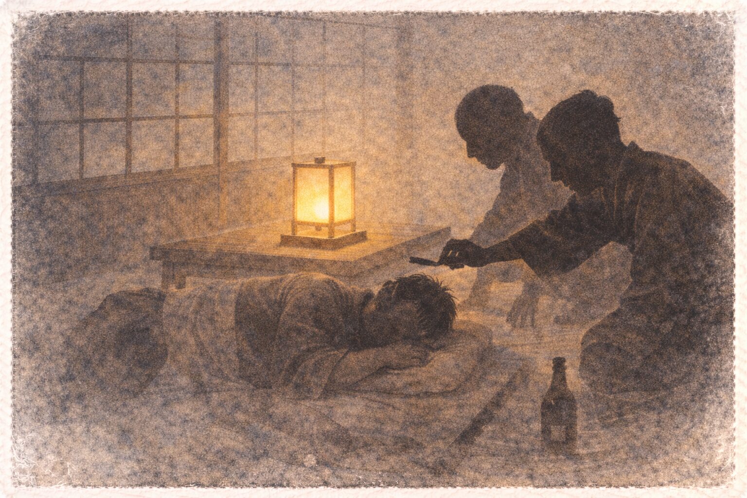 旅籠の一室で酔いつぶれて眠る男の髪を剃ろうとする影の一場面