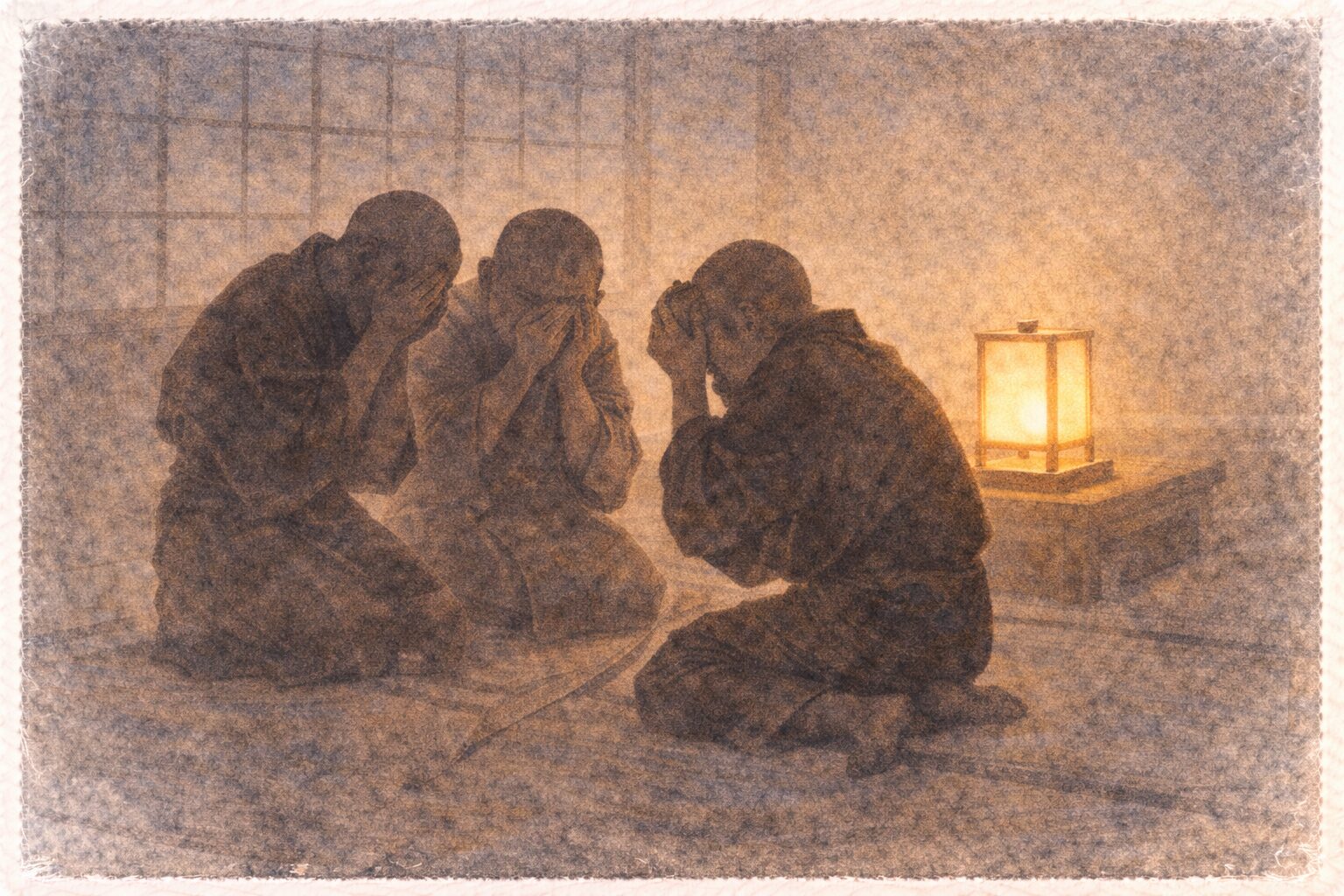 長屋の女房たちが頭を剃って坊主姿になり泣き崩れる影の一場面