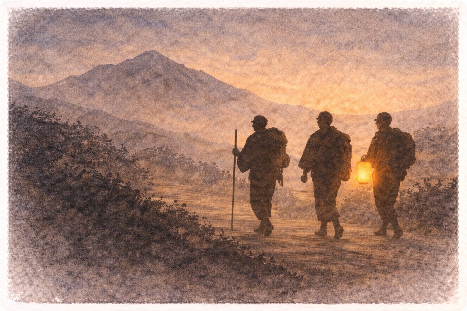 山道の参詣帰りを思わせる夕暮れの街道を歩く男たちの影の一場面