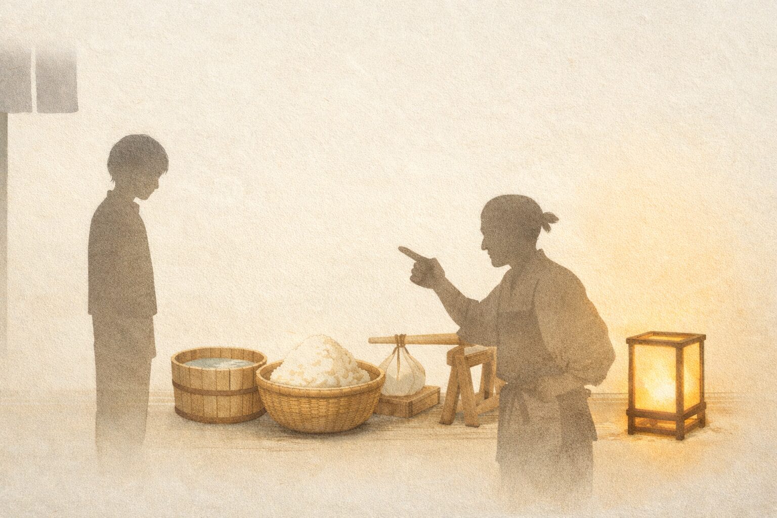 豆腐屋の店先でおからを前に立ち尽くす若者と職人の影の一場面