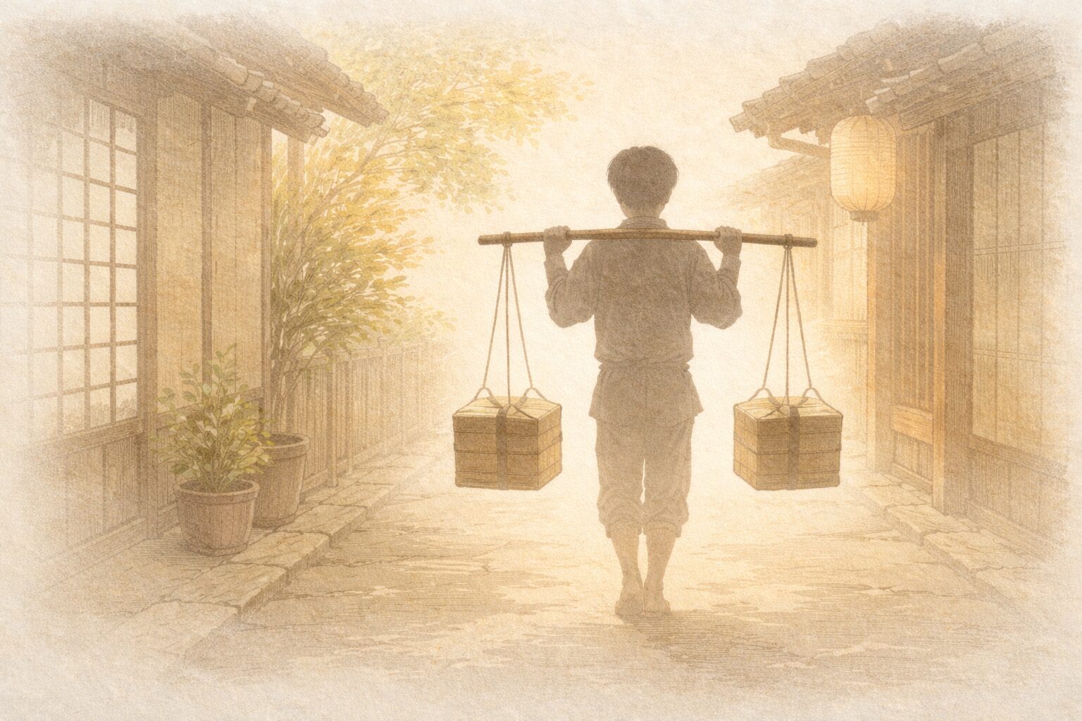 天秤棒を担いで豆腐を売り歩く若者の後ろ姿の影の一場面