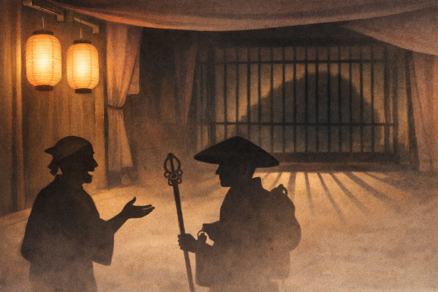 両国の見世物小屋の香具師が旅の巡礼者に珍しい話をせがむ一場面