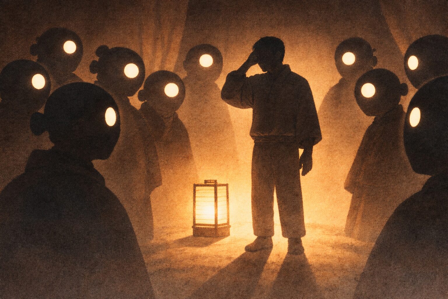 一つ目の人々が行灯の光の下で二つ目の男を取り囲む影の一場面