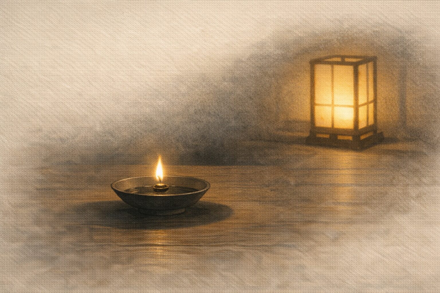 行灯の光の下で油皿が静かに置かれた不穏な一場面