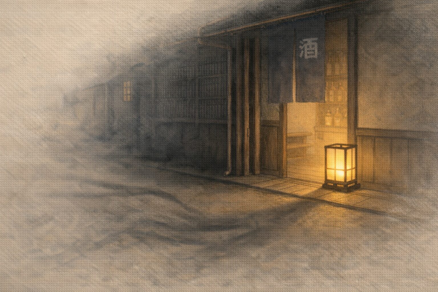 夜更けの酒屋の戸口に人影がないのに気配だけ残る一場面