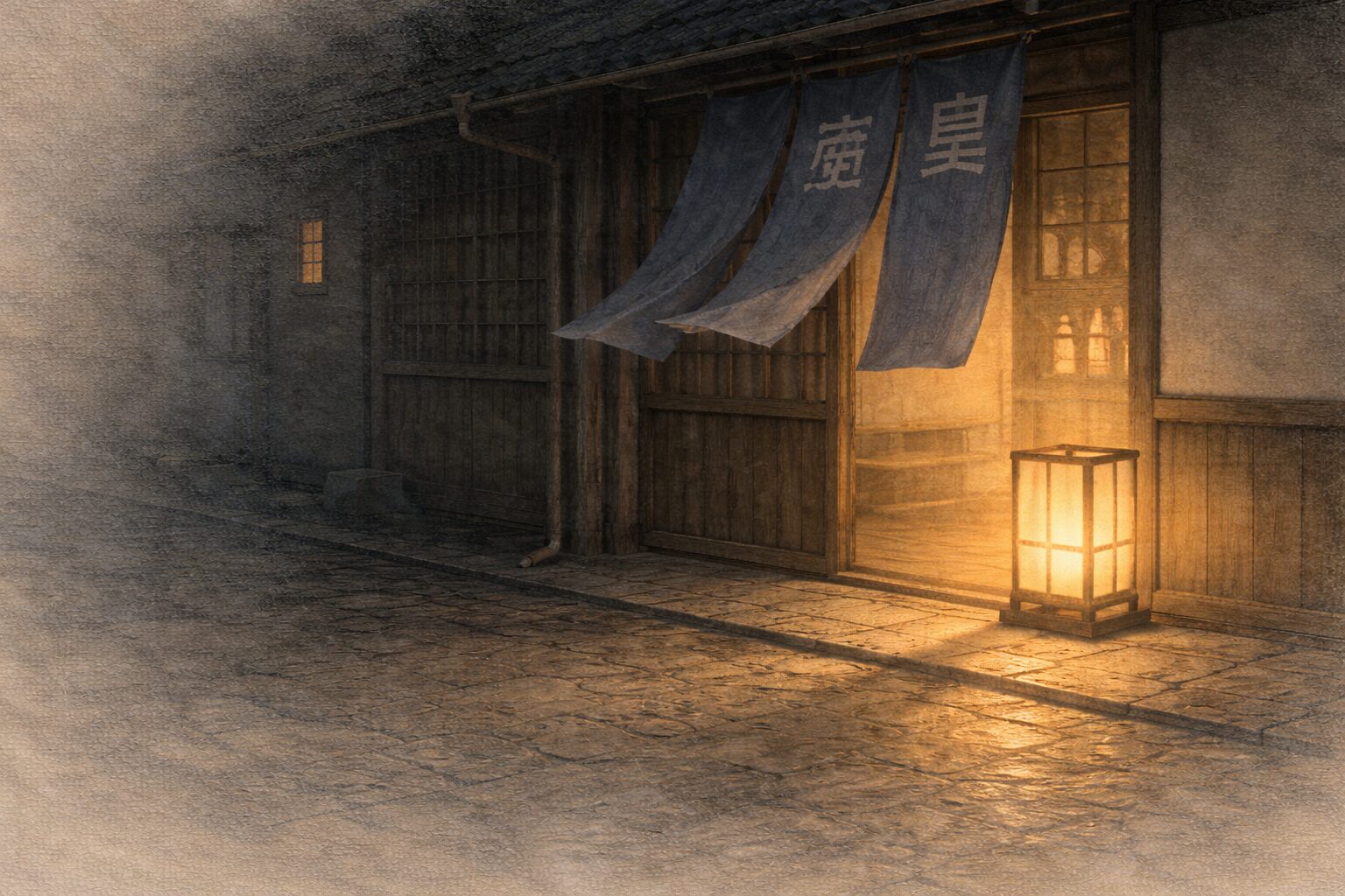 夜更けの古道具屋ののれんが風でわずかに揺れる一場面