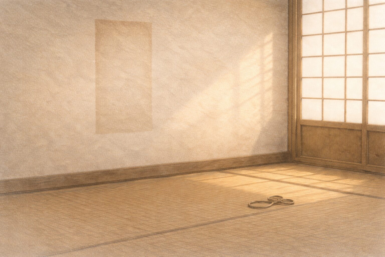 翌朝の壁に掛け軸の跡だけが残っている静かな一場面