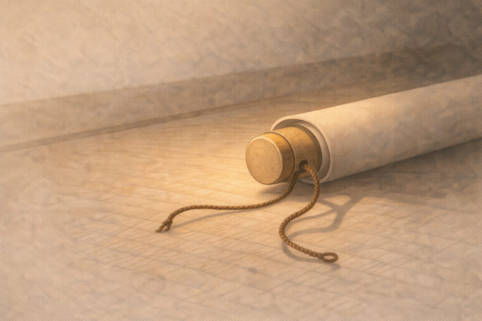 掛け軸の軸先と紐が静かにほどけかけている一場面