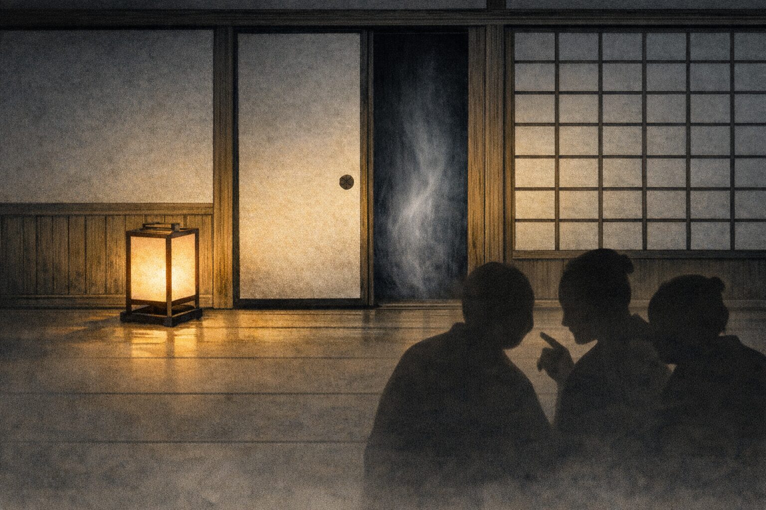 長屋の空き部屋の前で住人たちがこそこそ相談する一場面