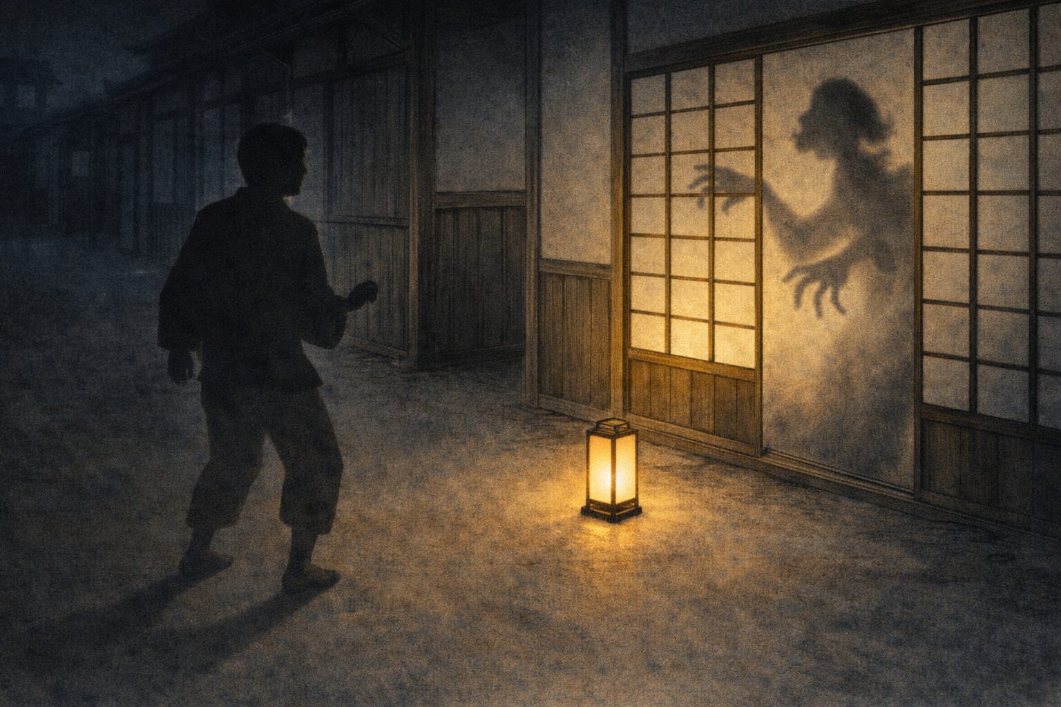 夜の長屋の路地で、提灯の灯りに照らされた障子の影からお化けらしい気配に足が止まる男の一場面