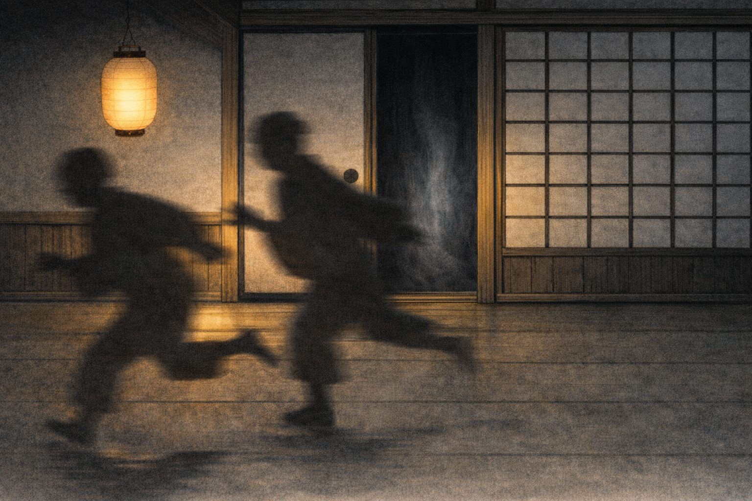 提灯の灯りが揺れる長屋の戸口で人影がばたばた逃げていく一場面