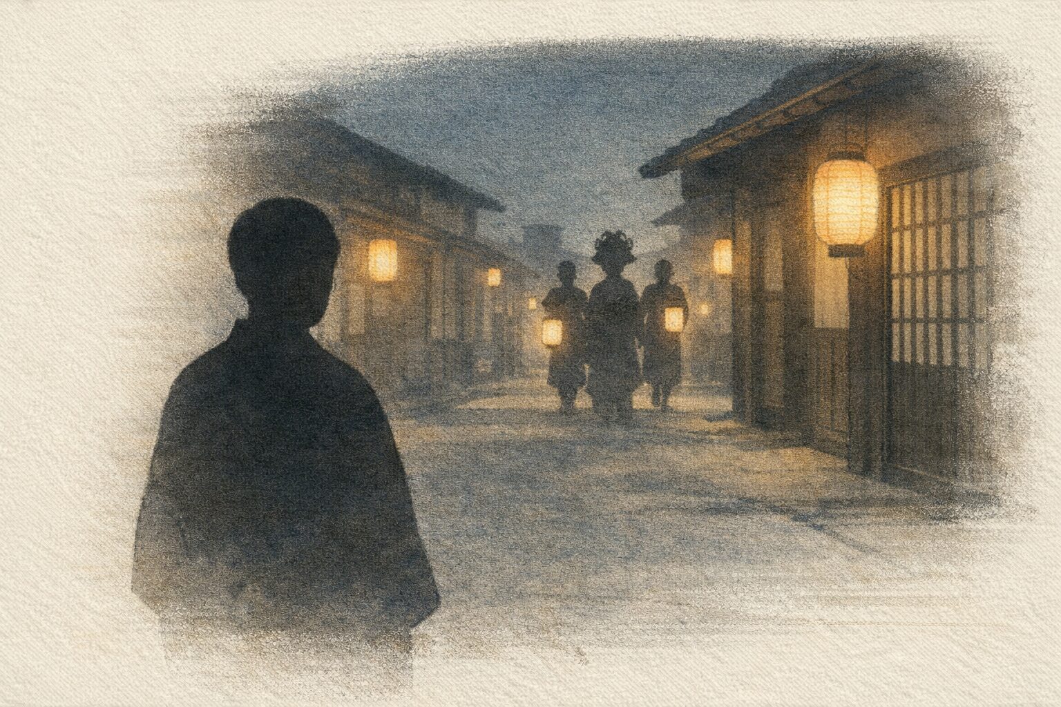 夜の品川宿の路地で花魁道中を遠目に眺める男の影の一場面