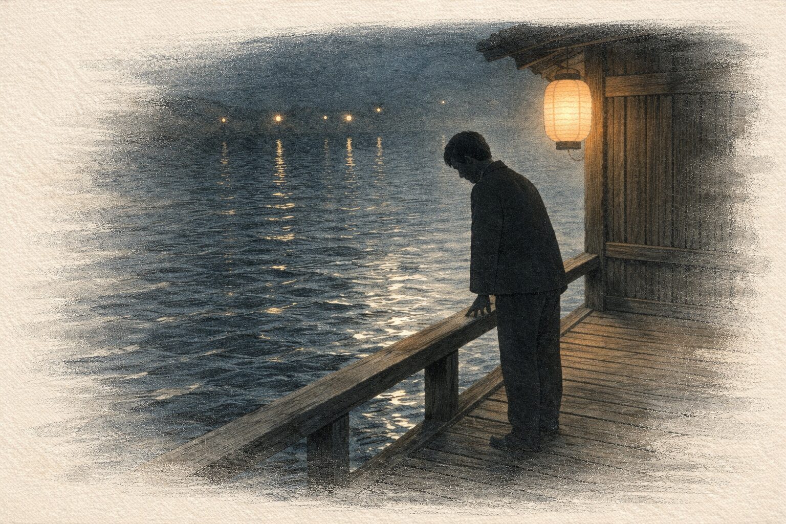 夜の桟橋で水面を見下ろして青ざめる男の影と提灯の灯りの一場面