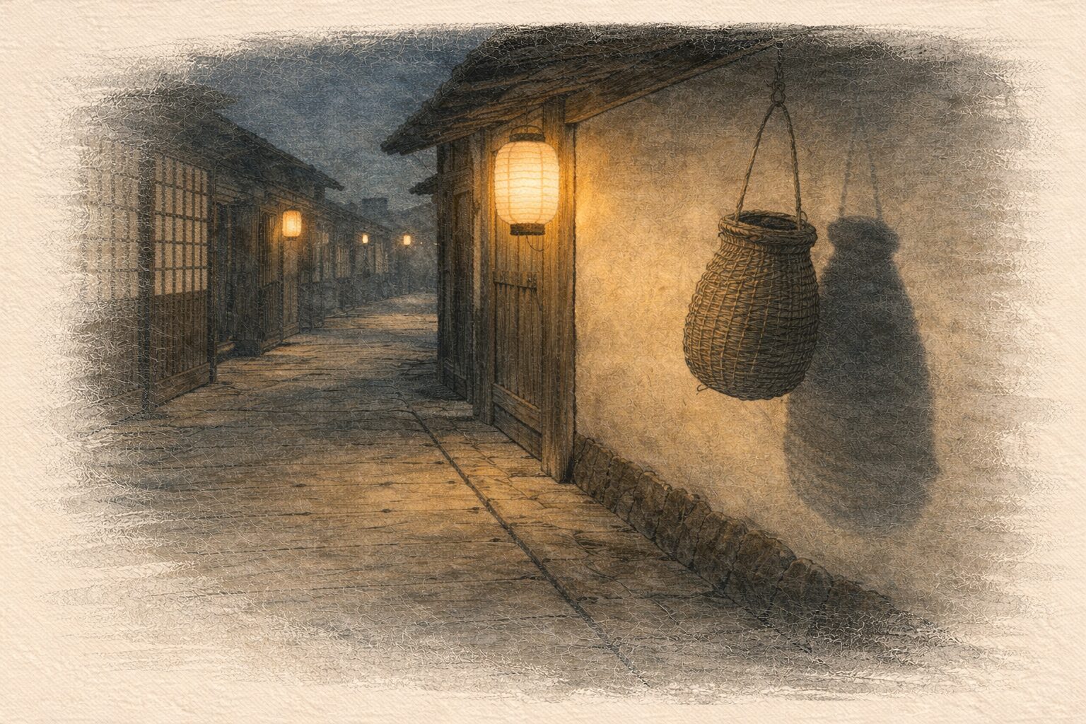 夜の路地で魚篭(びく)の輪郭が影になって揺れる一場面