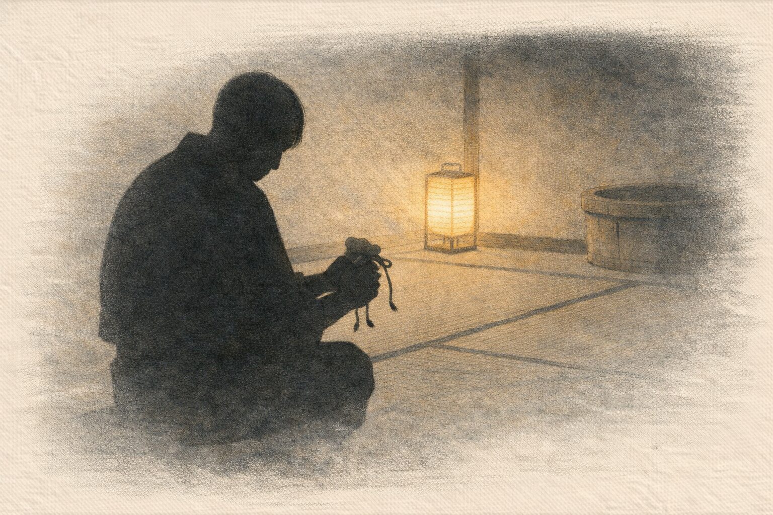 長屋の一室で職人が巾着を握りしめ決意する一場面