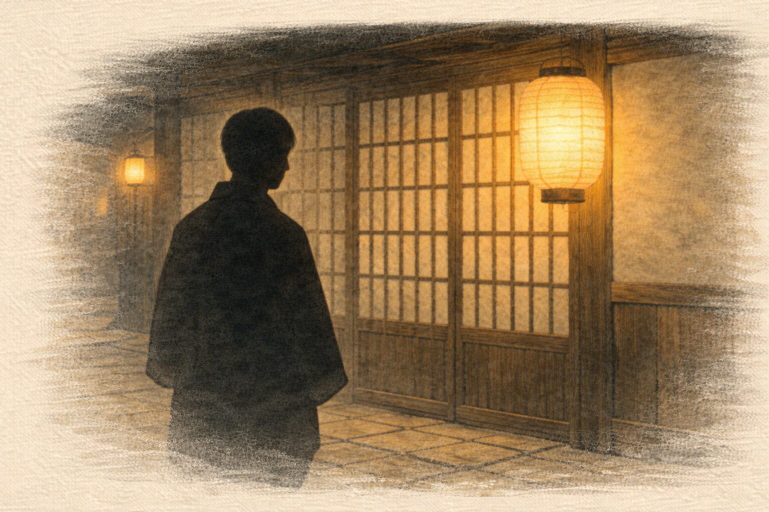 夜の吉原の格子戸の前で立ち尽くす男の影と提灯の灯りの一場面