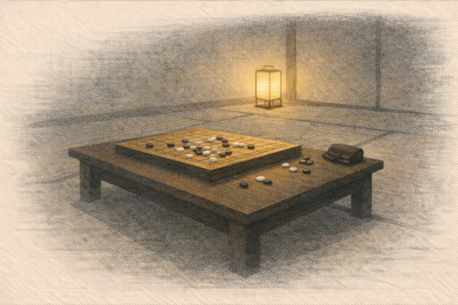 碁盤のそばに革財布が置かれ、場が凍るように静まる一場面