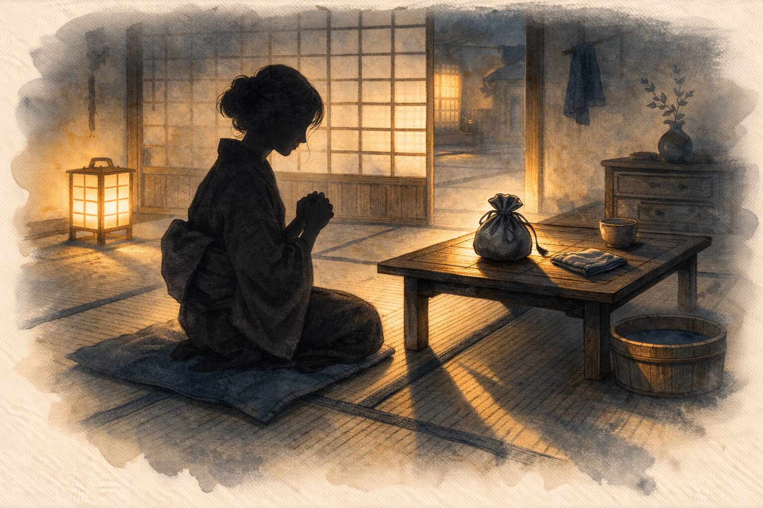 長屋の薄明かりの中で娘が静かに覚悟を固める影の一場面