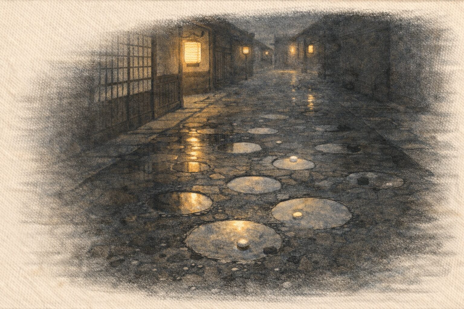 夜の町で雨上がりの路地に碁石のような丸い水たまりが残る一場面