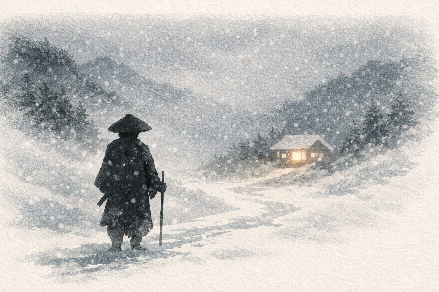 吹雪の夜、山道で灯りを見つけて立ち尽くす旅人の影の一場面