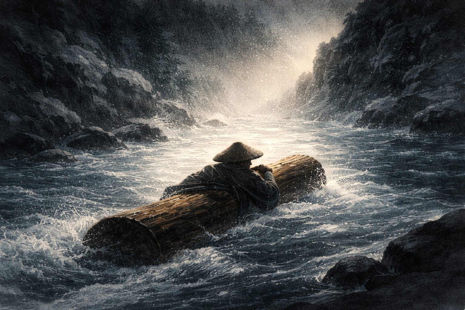 雪の崖下の川で一本の丸太にしがみつく旅人の影の一場面