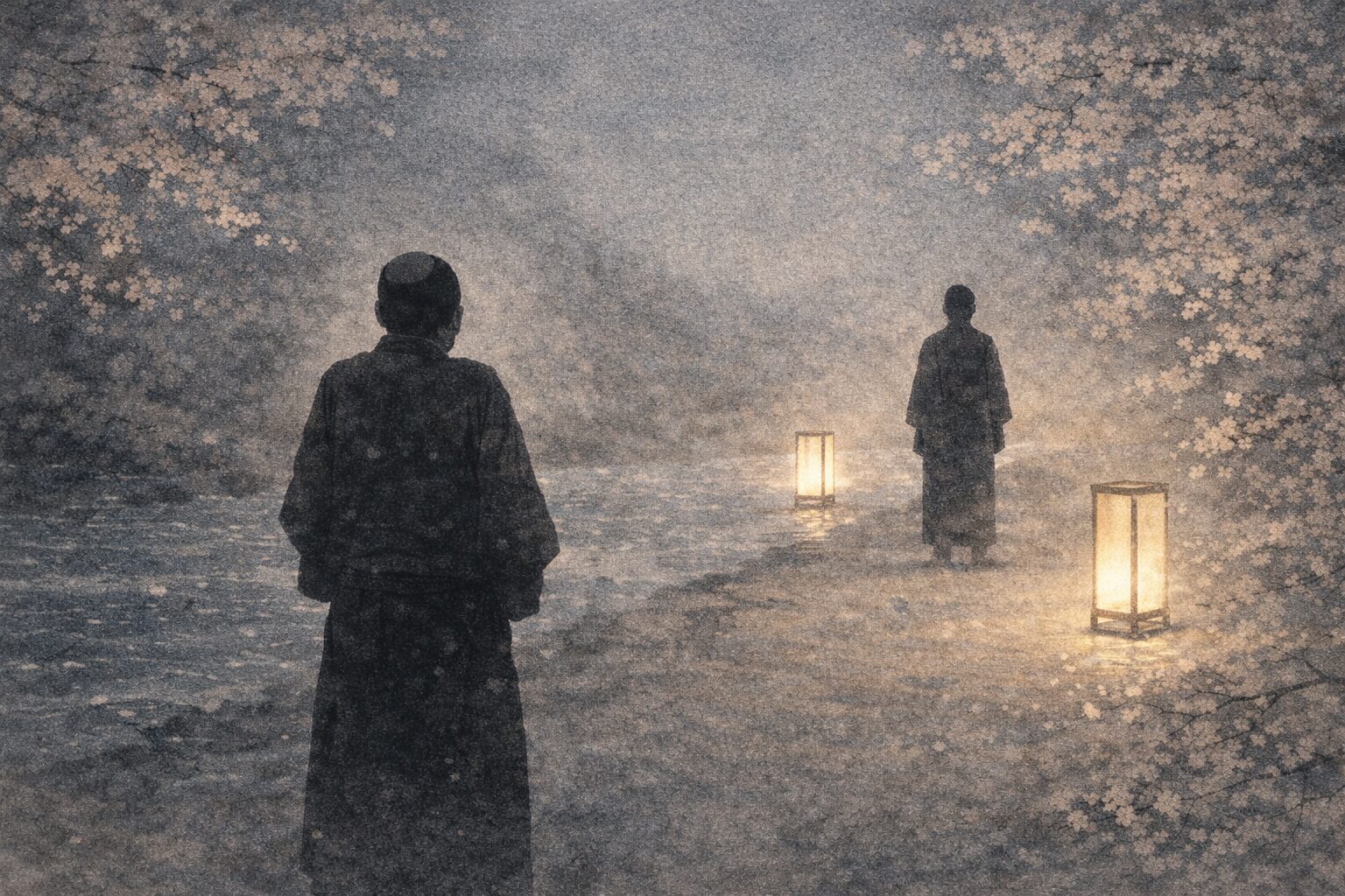 夜の川沿いで番頭と旦那の影が距離を保って向き合う一場面