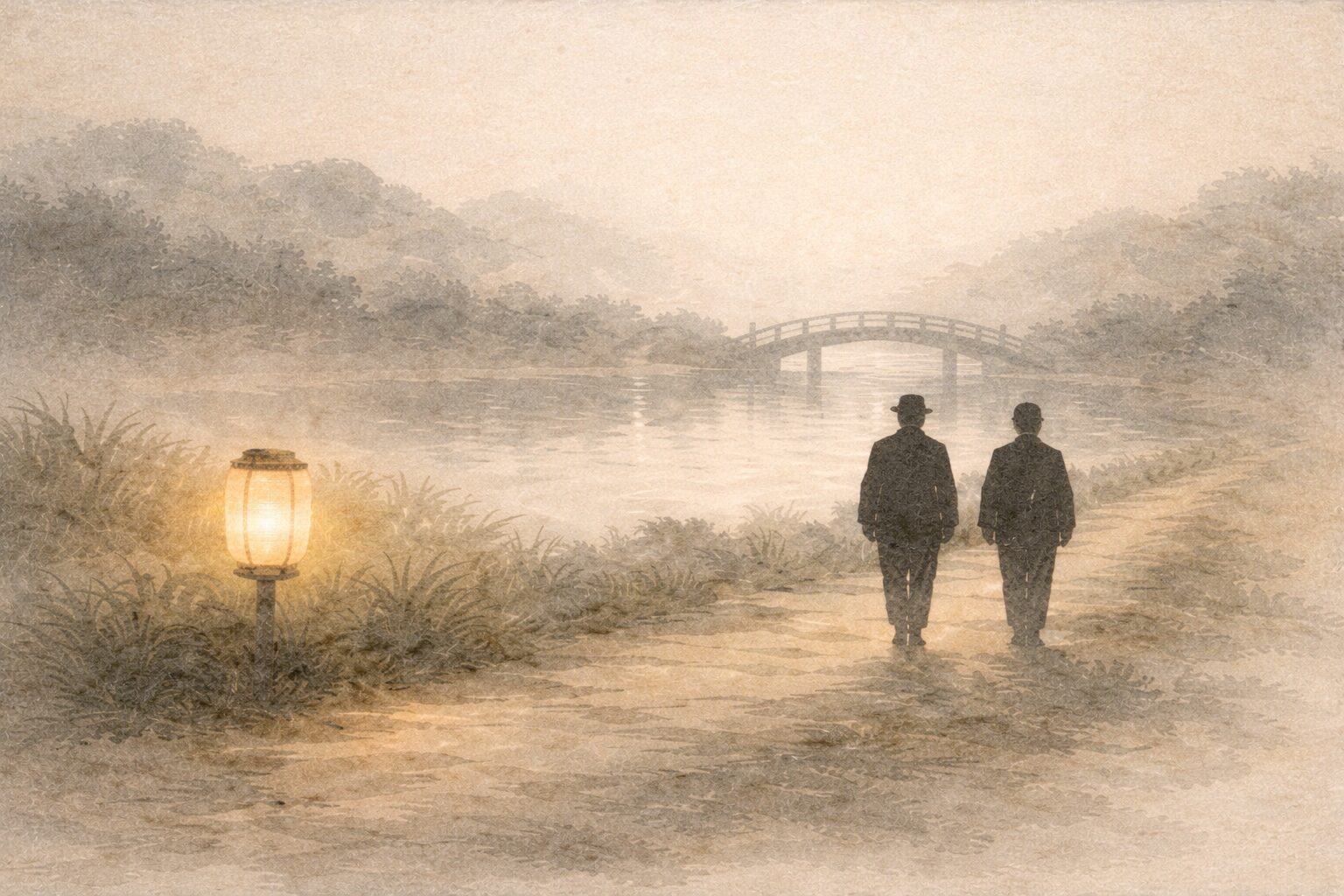 冥土の道で提灯の淡い光に照らされ、三途の川へ続く道を歩く男たちの影の一場面