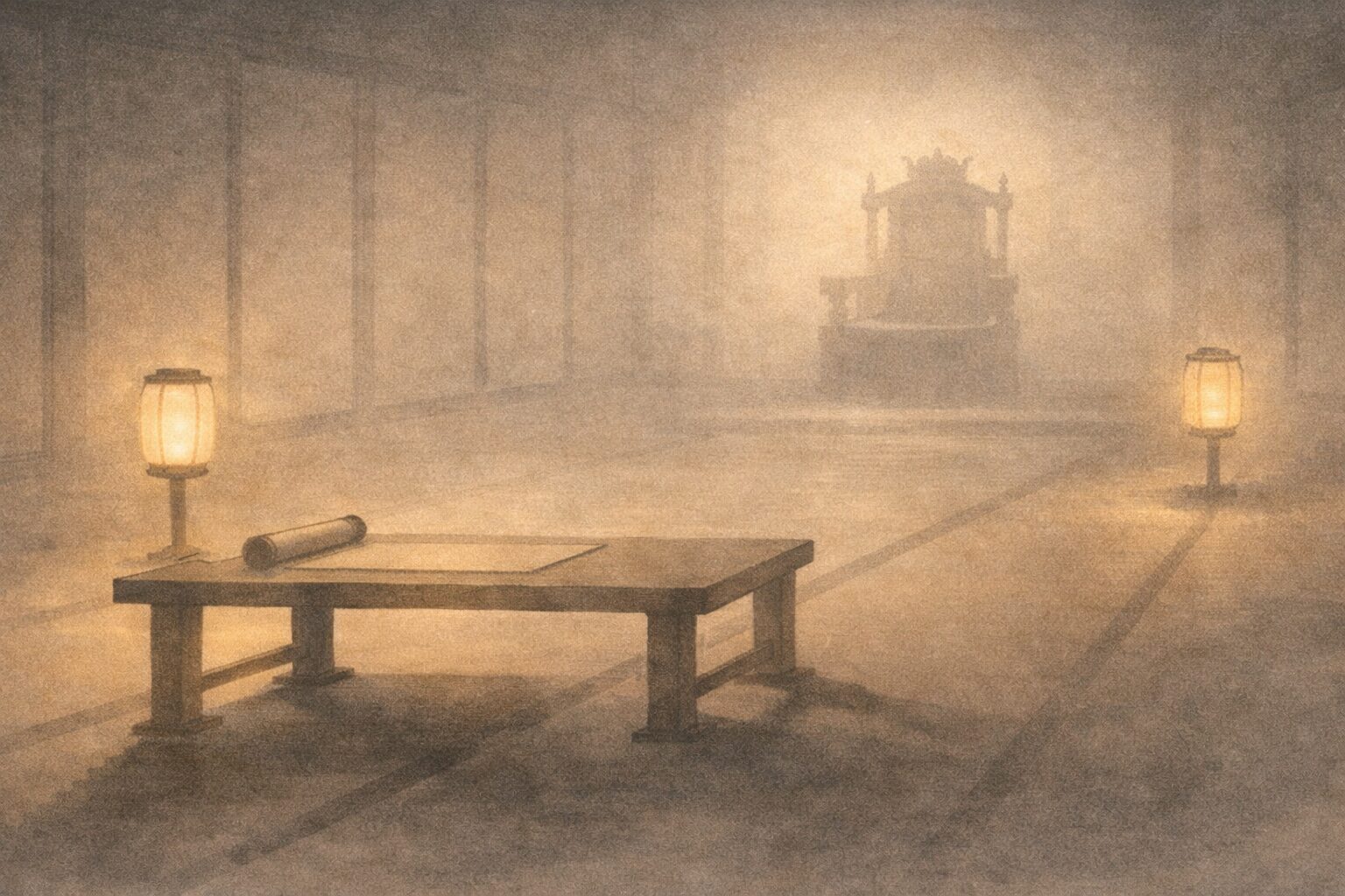 閻魔の庁を思わせる座敷に机の輪郭だけがあり、奥に王座の影がうっすら見える静かな一場面